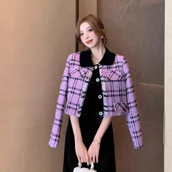 Women's Autumn Winter 2023 New Popular Plaid Purple Tweed Coat Korean Fashion Outwear Jacket