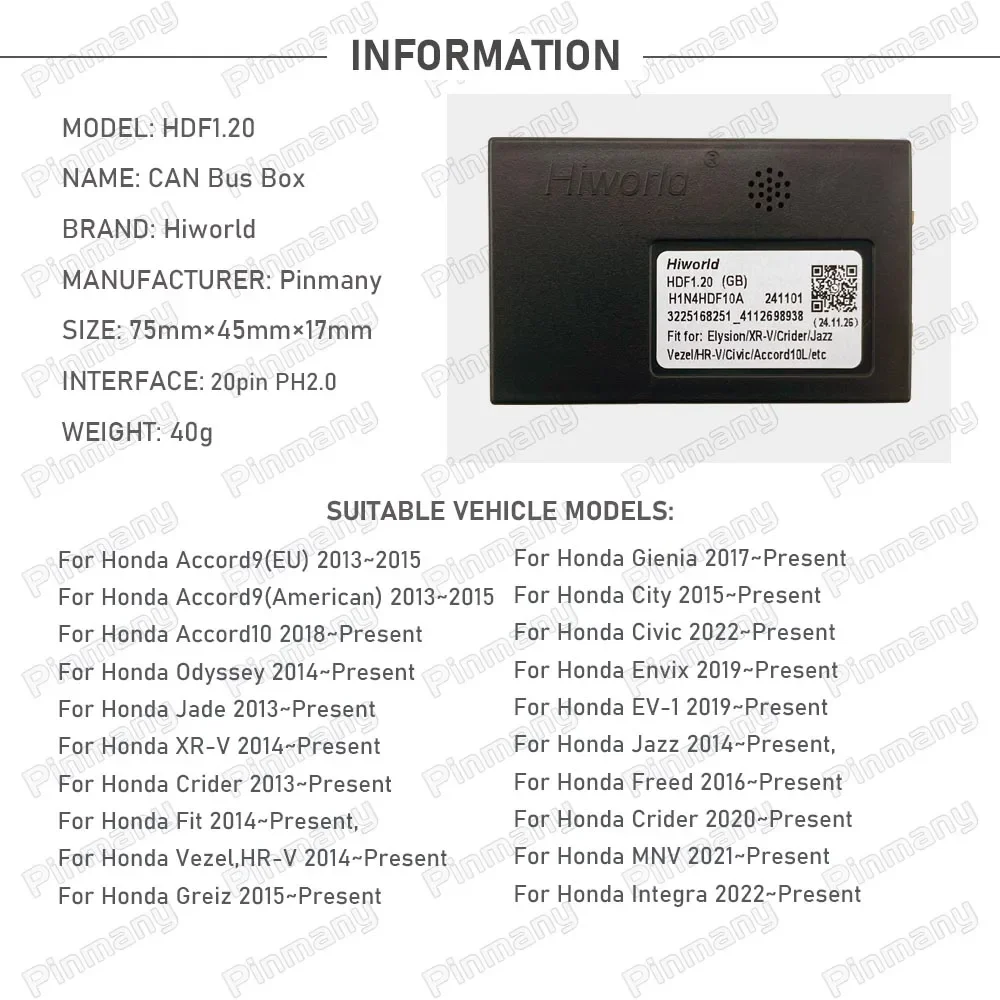 For Honda XR-V Crider Fit HR-V Greiz Gienia Envix Jazz Freed Crider Integra MNV Car Android Radio Hiworld CAN Bus Adapter