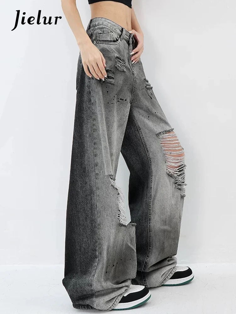 

Summer Street High Waist Chic Washed Women Jeans American Fashion Hollow Out Vintage Straight Loose Simple Female Wide Leg Pants