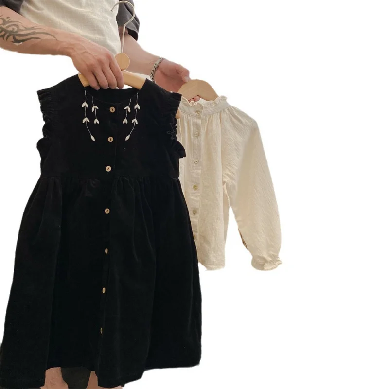 

In Stock Girls'2025Spring New Shirt Children's Flying Sleeve Dress Two-Piece Set Stylish Embroidered Skirt