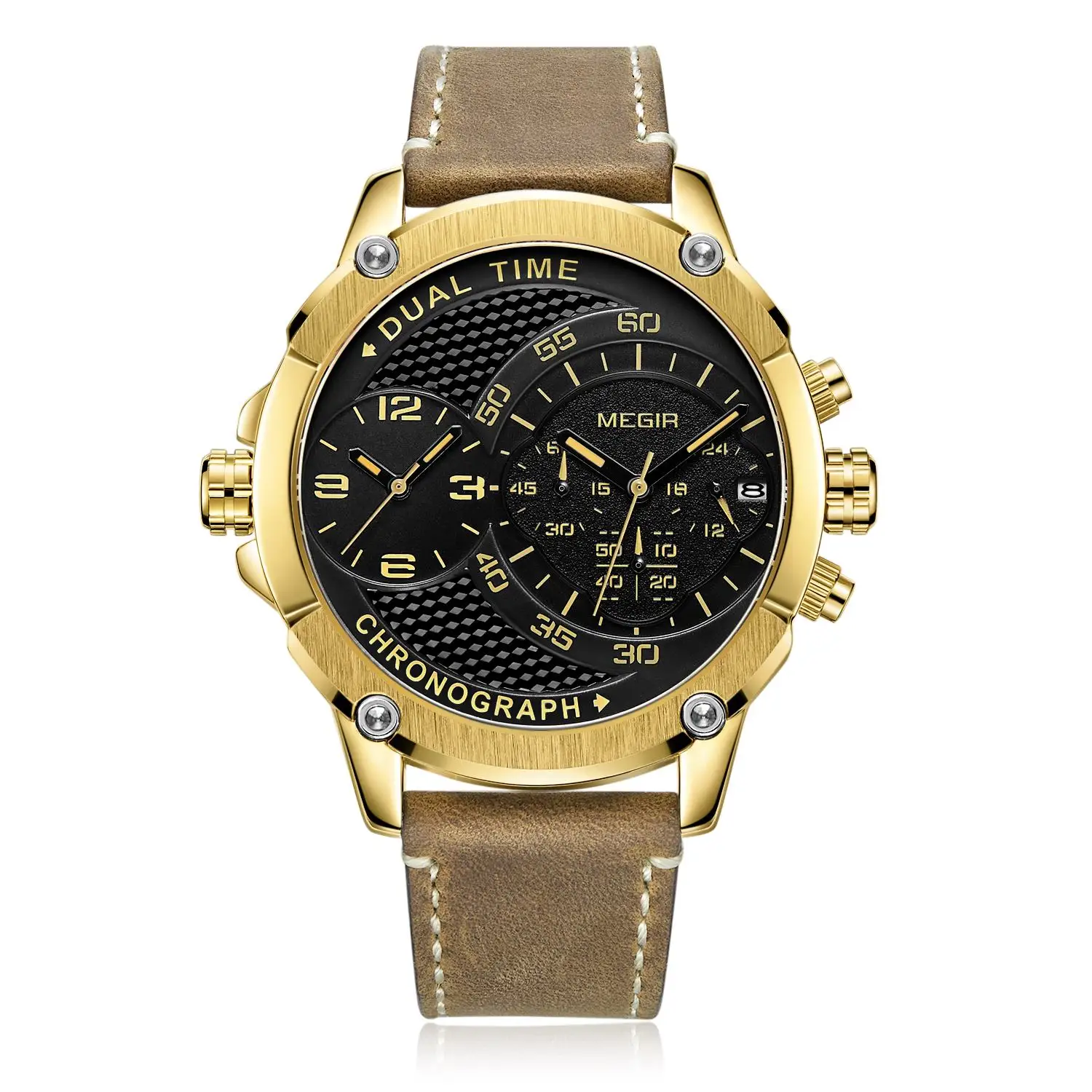 MEGIR Men's Casual Chronograph Luxury Leather Strap Quartz Sport Wristwatch Clock Waterproof Man Business Watches Reloj Hombre