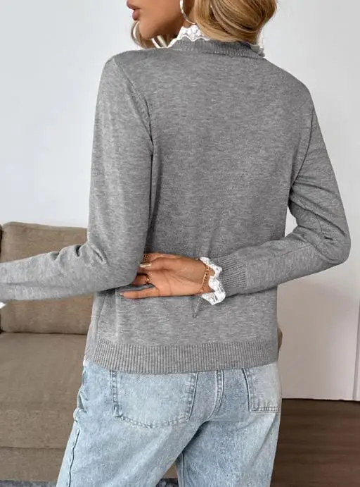 

Sweater 2025 New Autumn and Winter Sweet Retro Style Women's Clothing Lace Patchwork Button Open Gray Sweater for Women