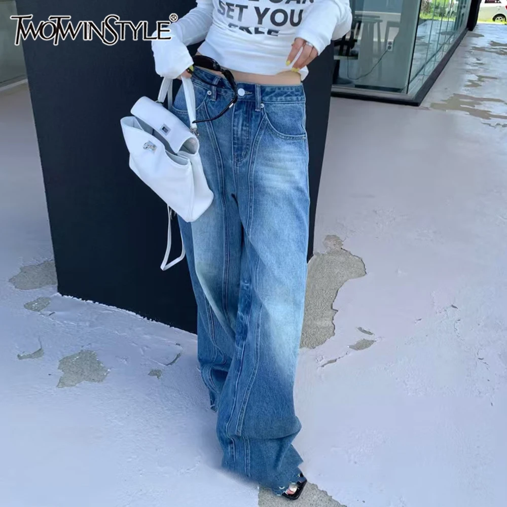 

TWOTWINSTYLE Solid Spliced Botton Jean For Women High Waist Patchwork Pockets Vintage Minimalist Wide Leg Denim Pant Female New