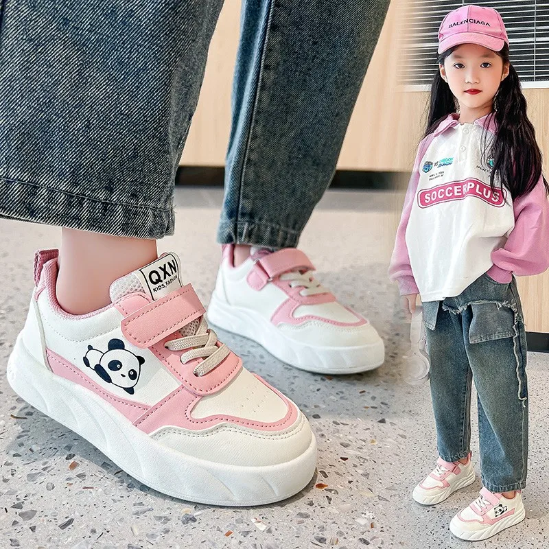 Girls Casual Shoes Flat Sole Sport Board Shoes Panda Pattern Lightweight Comfortable Leather Walking Sneakers Kids Footwear