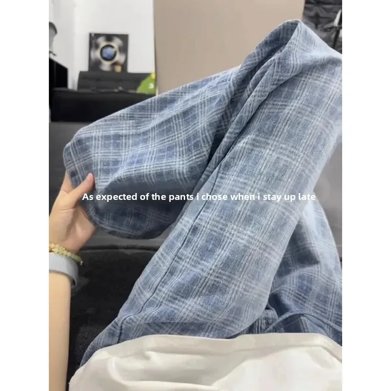 Fmxires New American Retro Blue Plaid Men's Summer Thin Design High Waist Loose Wide Leg Jeans Casual Comfortable Fashionable