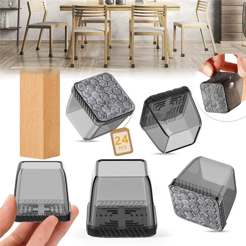 AF95-24PCS Square Chair Leg Floor Protector, Hardwood Floor Chair Leg Protector, Non-Slip Felt Furniture Pad, Silicone Cover