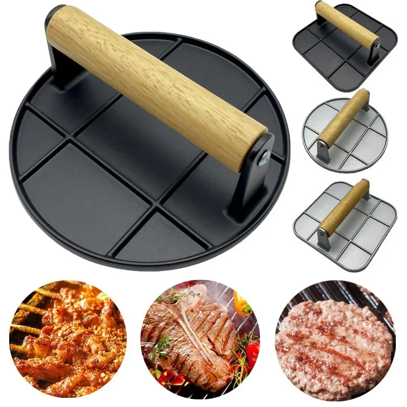 Cast Iron Burger Press Outdoor Non Stick Aluminum Alloy Rotundity Hand Meat Burger Press with Wooden Handle for Home Kitchen BBQ