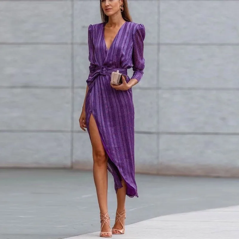 Women Elegant Striped Print Split Party Dress Spring Sexy Deep V Neck Hollow Long Dress Summer Lace-up Belted Office Lady Dress