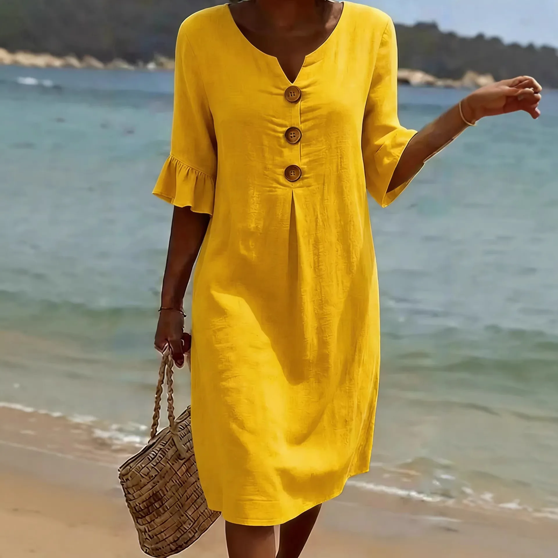 V-neck Button Solid Color Casual New Beach Vacation Style Versatile Dress For Women's A-line Lace Short Sleeved Patchwork Skirt