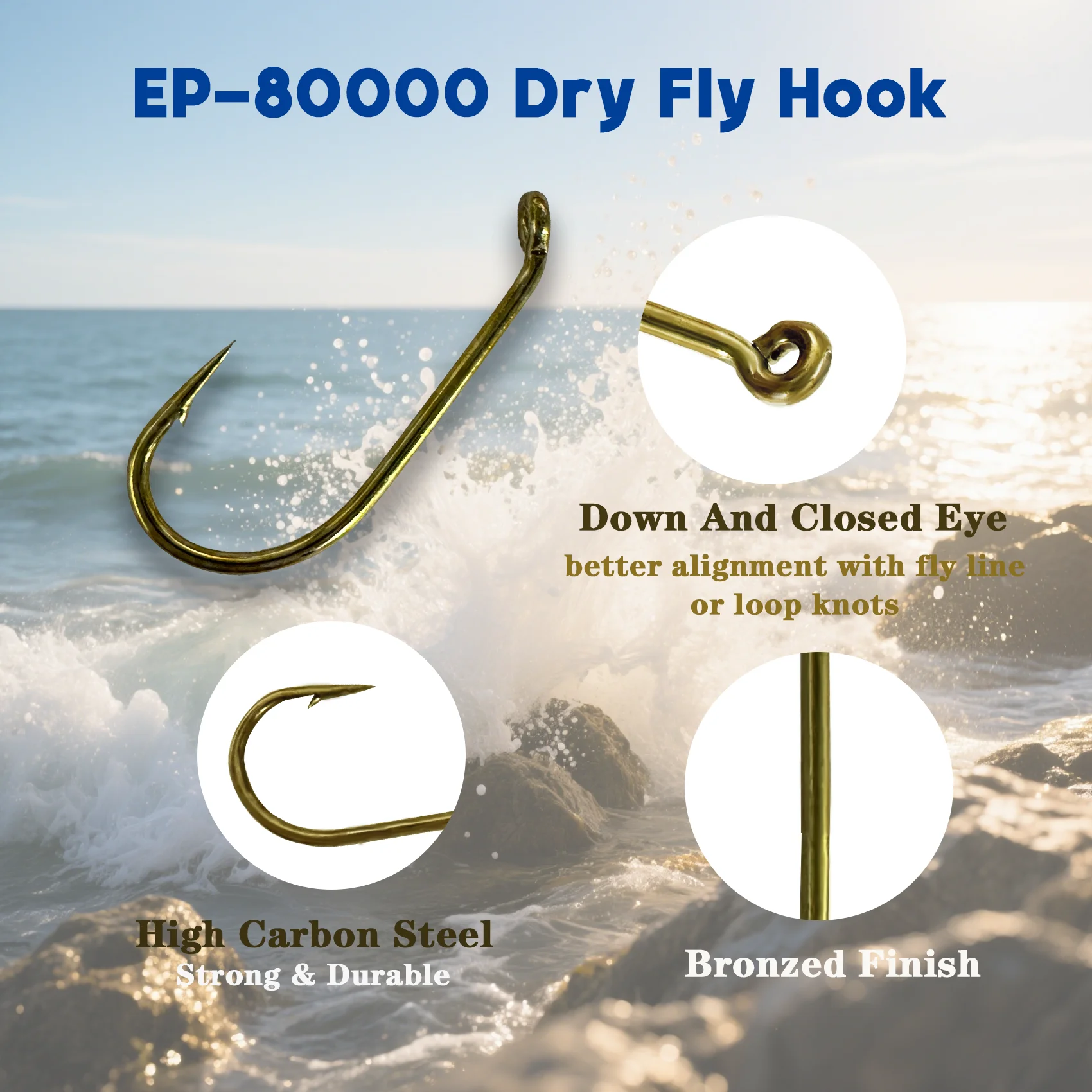 Eupheng EP-80000 Dry Fly Fishing Hooks Forged Std Shank 1X Fine Down Eye Sharp Barb High Strength