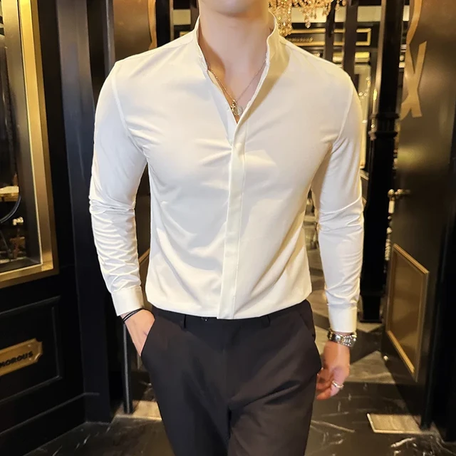British Style Stand Collar Formal Long Sleeve Shirt Men Clothing Business Casual Camisas Slim Fit Men Dress Shirts Black White AliExpress