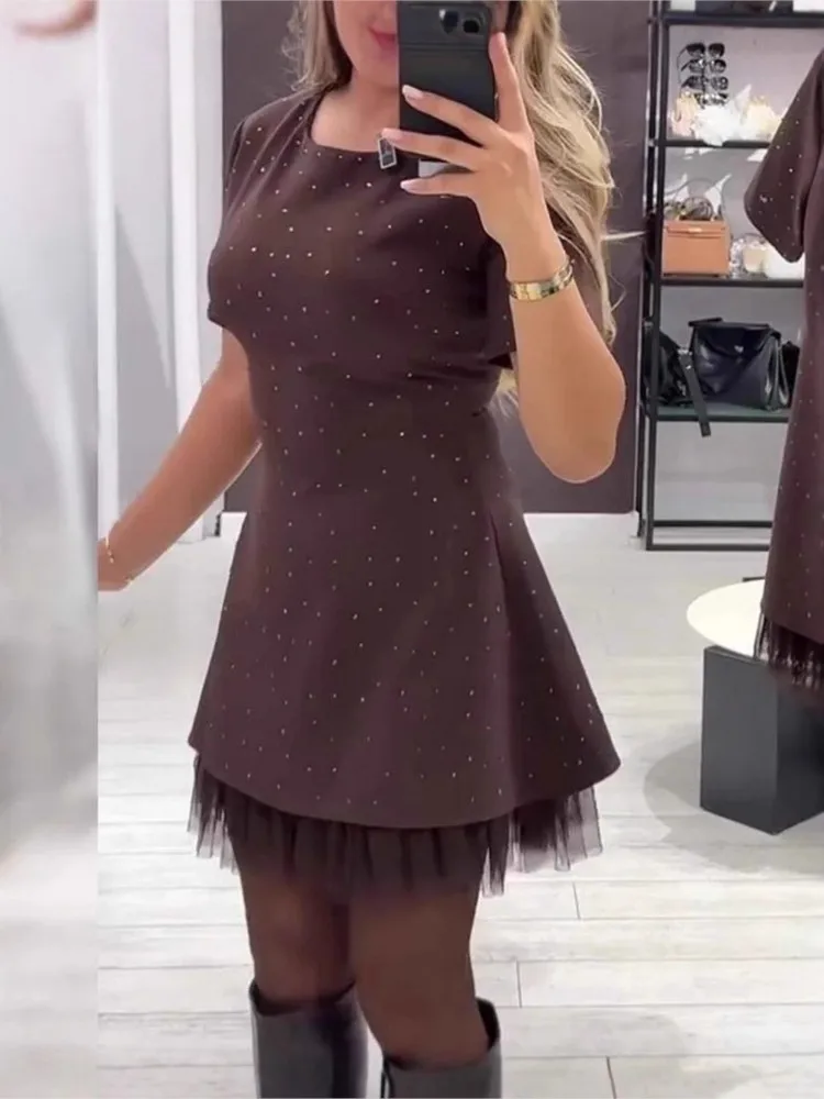 فستان كاجوال أنيق لربيع وصيف نمط جديد حار حجر الراين هيم شبكة الصلبة فساتين راقية للنساء فستان مناسبات قصيرة الأكمام #3