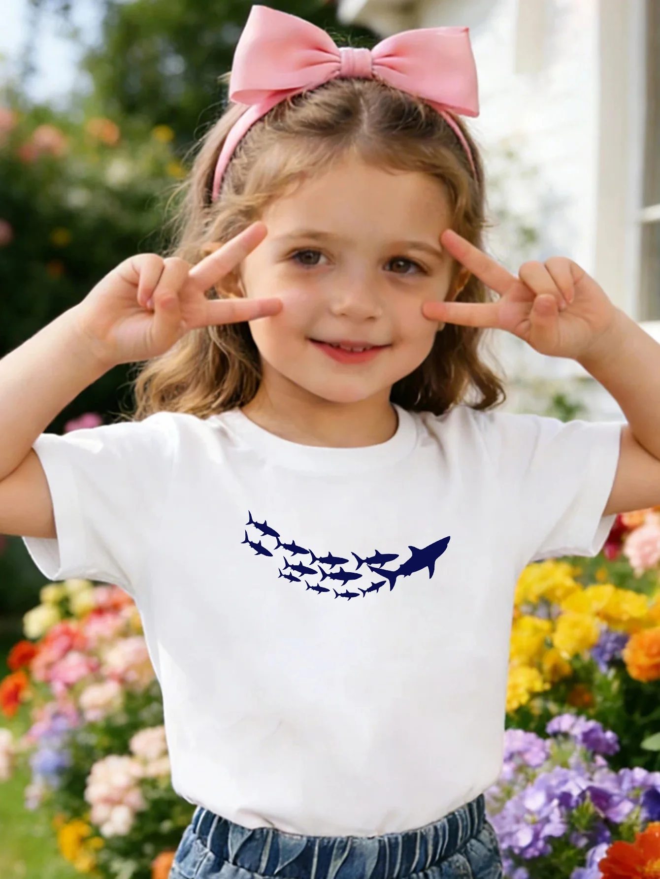 Ocean Shark Silhouette Animal Print Kids Tee Boys Girls Family Match Cotton Crew Neck Short Sleeve Soft Summer Casual Kid Wear