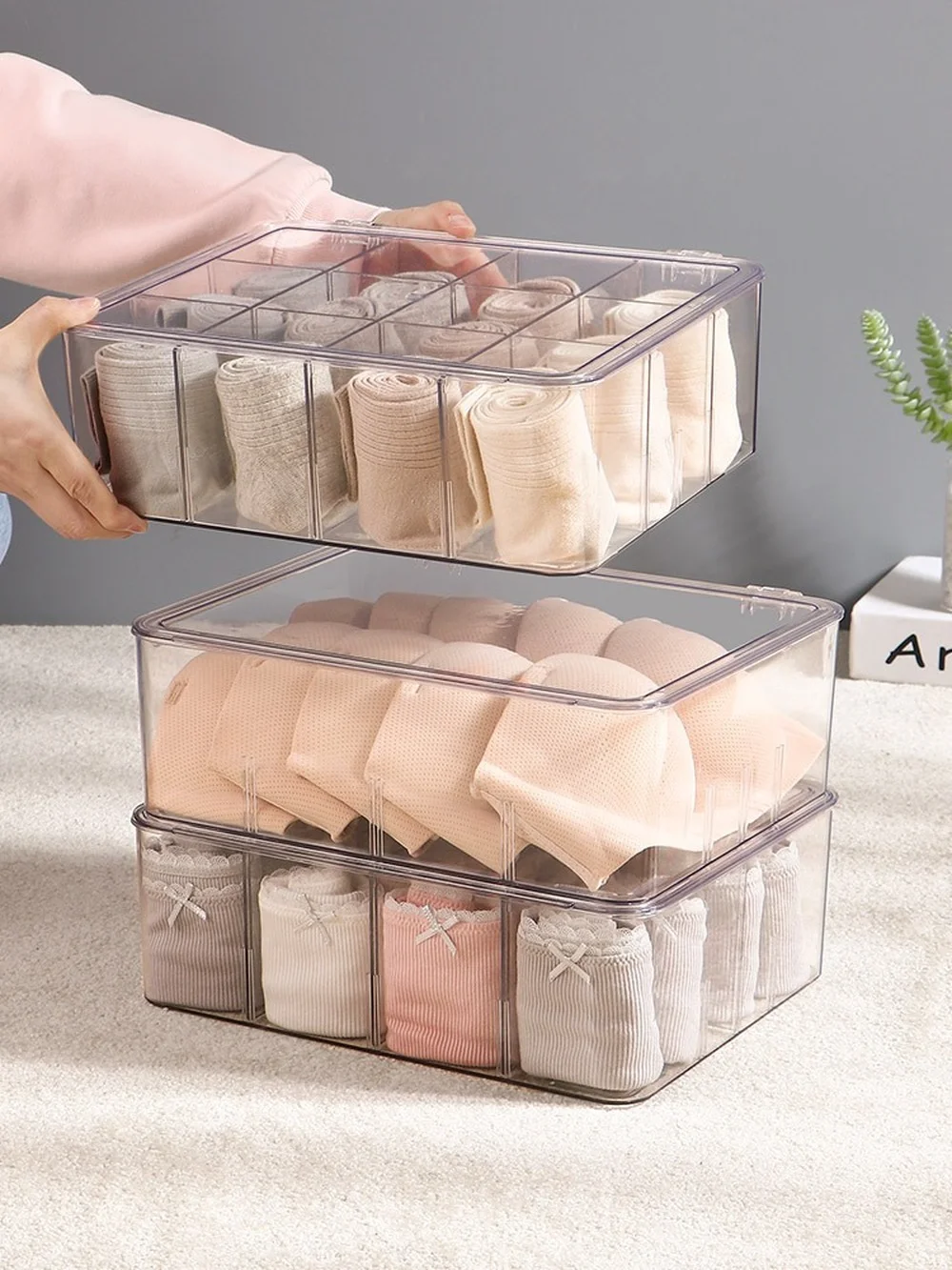 4 compartments transparent PET underwear storage box 8 compartments socks underwear organizer box home wardrobe bra storage box