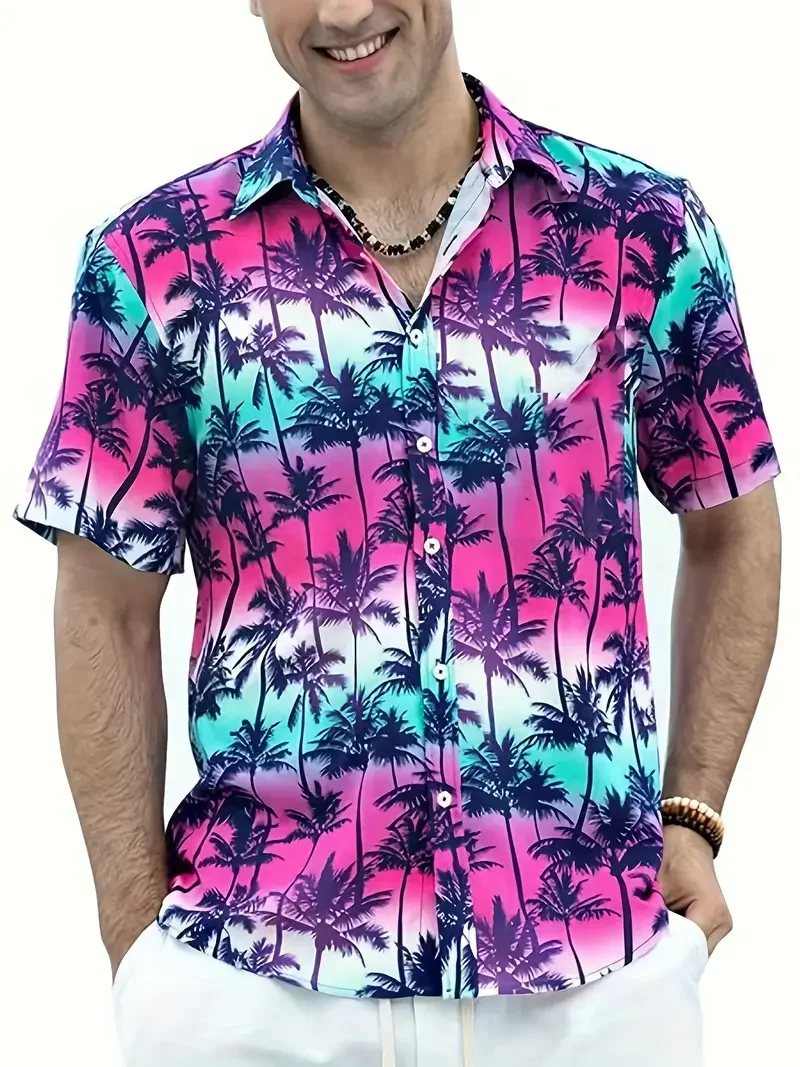 2024 Summer new men's Hawaiian Shirt 3D Plant shirt Hawaiian Beach Print Beach Short sleeve lapel top