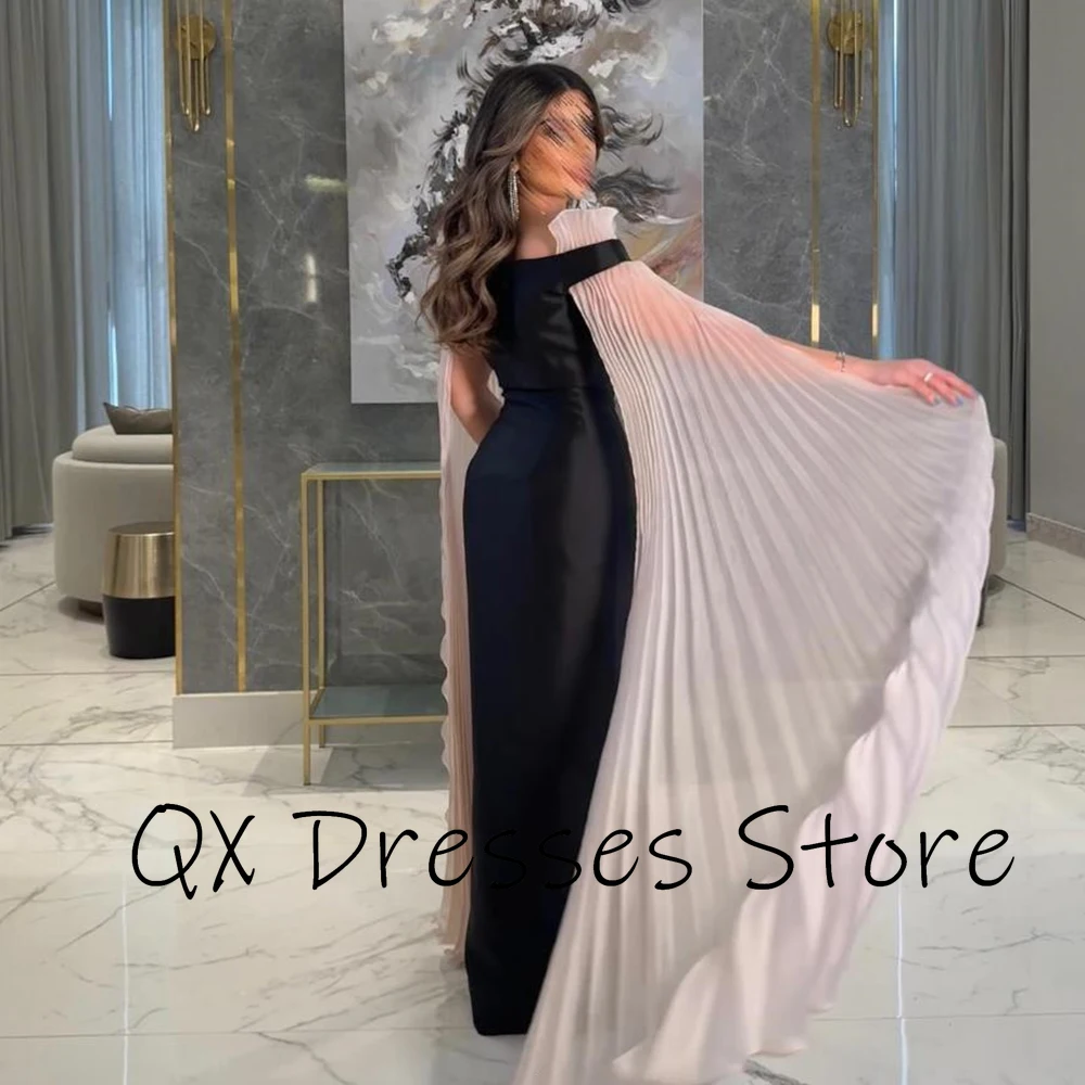 Customized Fashion Luxury Black Satin Long Women Evening Dresses Straight Floor Length Off Shoulder With Cape Party Gown Elegant