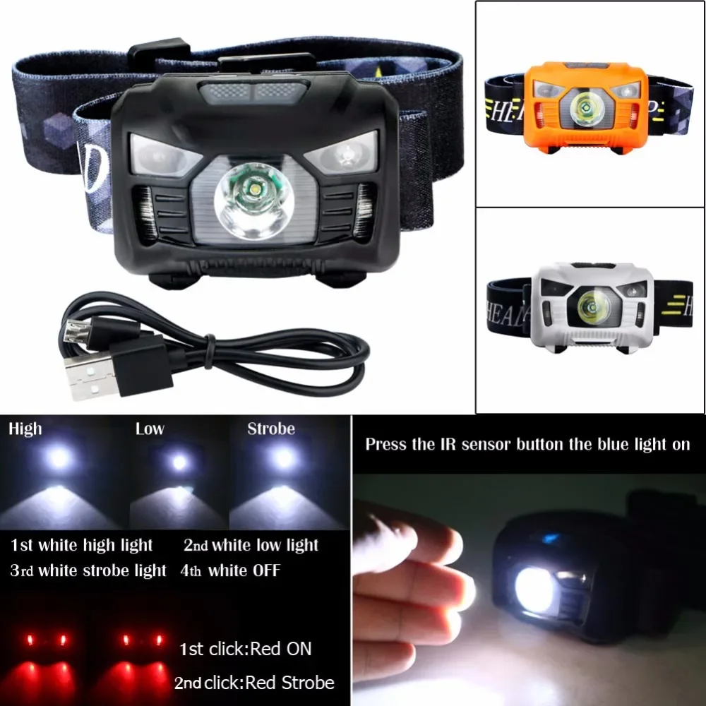 3000Lumen LED IR Sensor Headlamp USB Rechargeable Camping Headlight For Sailing Caving Hunting 6 Modes Super Bright