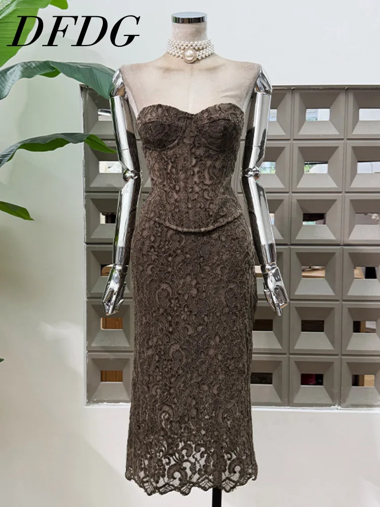 

DFDG 2025 Spring Summer Women's Retro Corset Set Boned Lace Bustier Crochet Skirt Vintage Chic One Step Pencil Midi Outfit Set