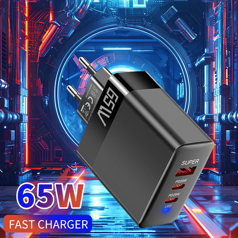 65W 3-Port USB C Fast Charger, PD+QC 3.0 Wall Charger Adapter with LED, EU/US/UK Plug for iPhone 15 Samsung Xiaomi Huawei