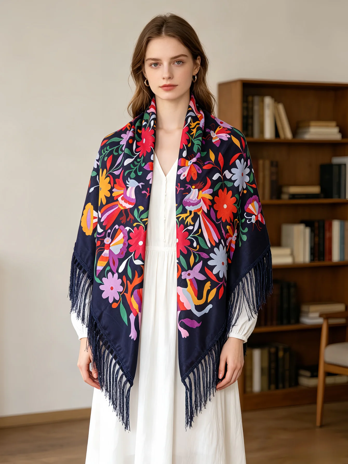 Pañuelo de lujo ruso para mujer, chal cálido con borlas, estampado floral de margaritas, pañuelo, babushka, bandana, manta de viaje