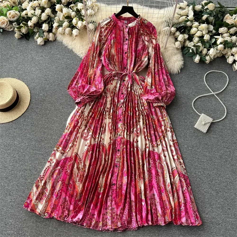 Neploe Elegant O Neck Lantern Sleeve Vintage Mujer Single Breasted Pleated Ruched Big Swing Dress New Print Lace Up Dresses