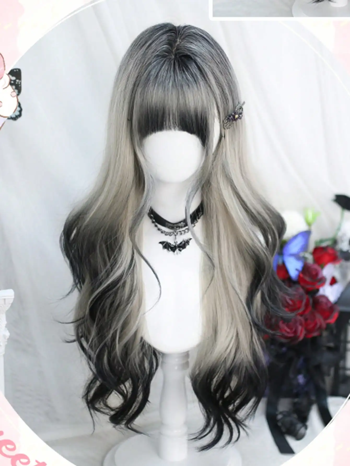 OLA Lange Körperwelle Schwarz Und Grau Ombre Cosplay Perücken Hitzebeständige Synthetische Perücken Pony Natürliche Lolita Perücken Für Frauen Halloween