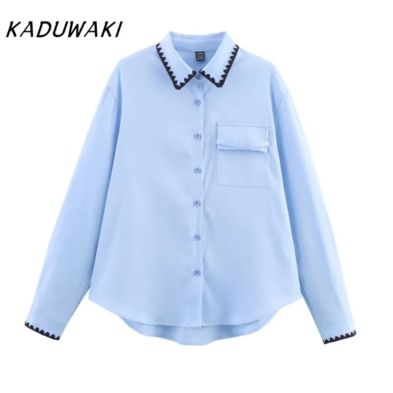 

KADUWAKI Retro 2025 Summer New Women's Fashion Style Versatile Shell Craftsmanship Blue Shirt Long Sleeve Shirt Camisas De Mujer