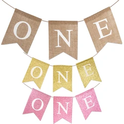 First Birthday Party Burlap ONE Garland Baby Shower High Chair Banner Boy or Girl 1st Birthday Party Decoration Photo Prop