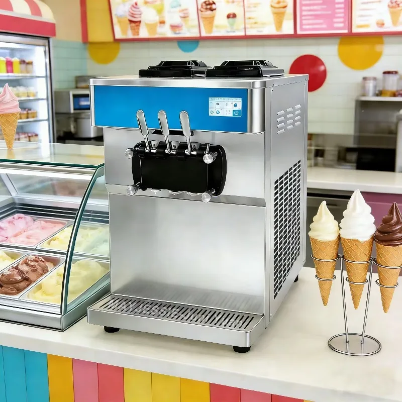 Commercial Soft Serve Ice Cream Machine 3 Flavors Fully Automatic Vertical Ice Cream Maker for Restaurant & Milk Tea Shop