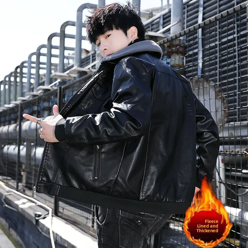 

Thiened Fce Leather Jaet for Big Boys Spring Autumn Winter Sli Youth Motorcycle Clothes PU Leather Slim Fit Zipper...