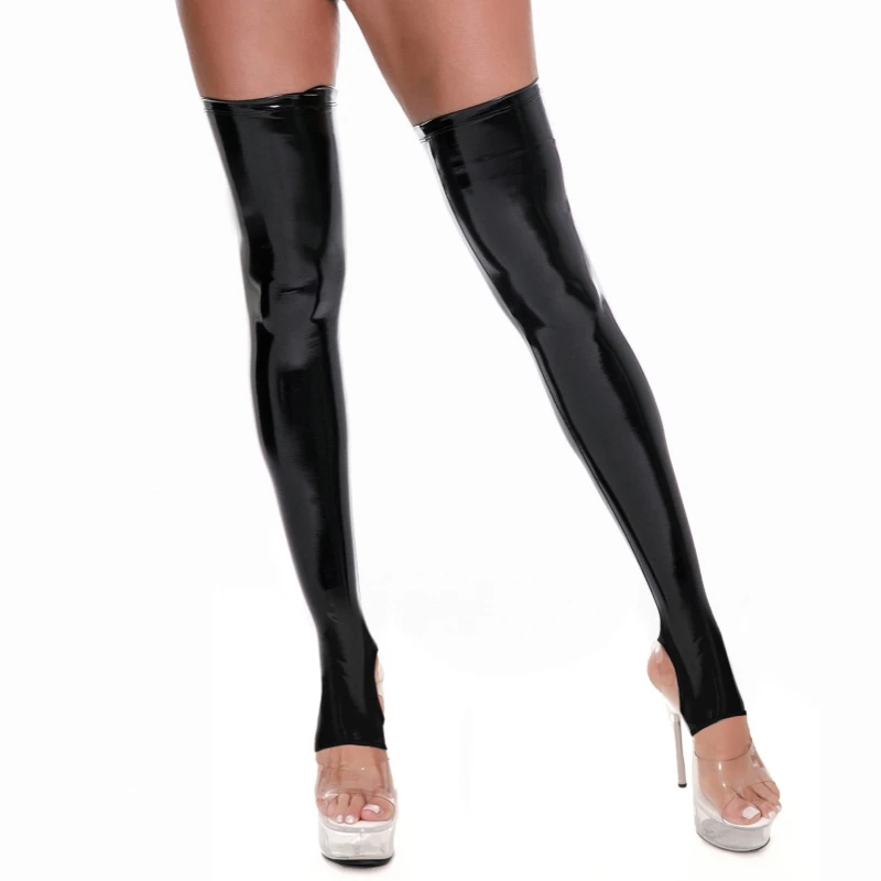 M - 4XL Plus Size Wetlook PVC-Leder Overknee-Strümpfe Damen Sexy Glänzende Ölfarbene Fußlose Strümpfe für Pole Dance Clubwear – Detail 8