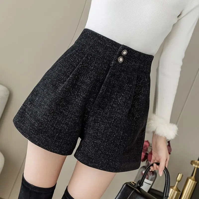 

Simplicity Office Lady Sping Autumn Women's Solid Elastic High Waist Bright Silk Button Pockets Korean Fashion Wide Leg Shorts