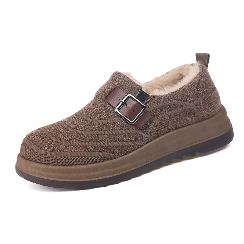 Women Winter Fleece Lined Loafers, Knitted Fabric Warm Slip‑on Shoes, Buckle Strap Non‑Slip Thick Platform Casual Shoes view 5