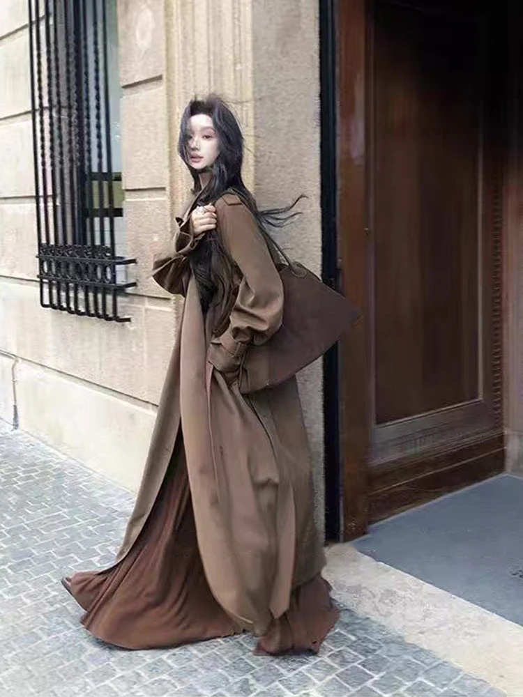 معاطف الخريف الكورية ميدي النساء Y2K موضة مزدوجة الصدر سترة فضفاضة Harajuku أنيقة هيبورن نمط كل مباراة ملابس خارجية طويلة