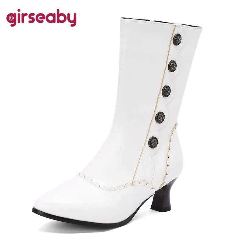 

Girseaby Design Женские сапоги до середины икры с острым носком Маленькие каблуки 5,5 см Застежка-молния Смешанные цвета Заклепки Плюс Размер 46 47 48 Повседневная Bota