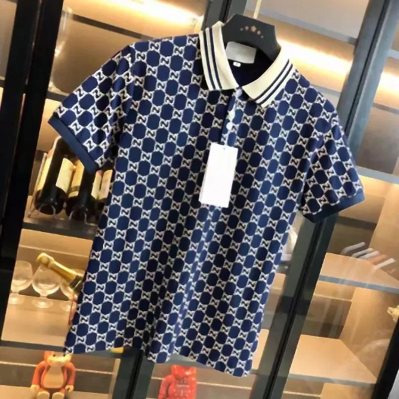 

2025 New Summer European Station Men's Lapel Beaded Cotton Printed Short Sleeve Polo Shirt Fashion