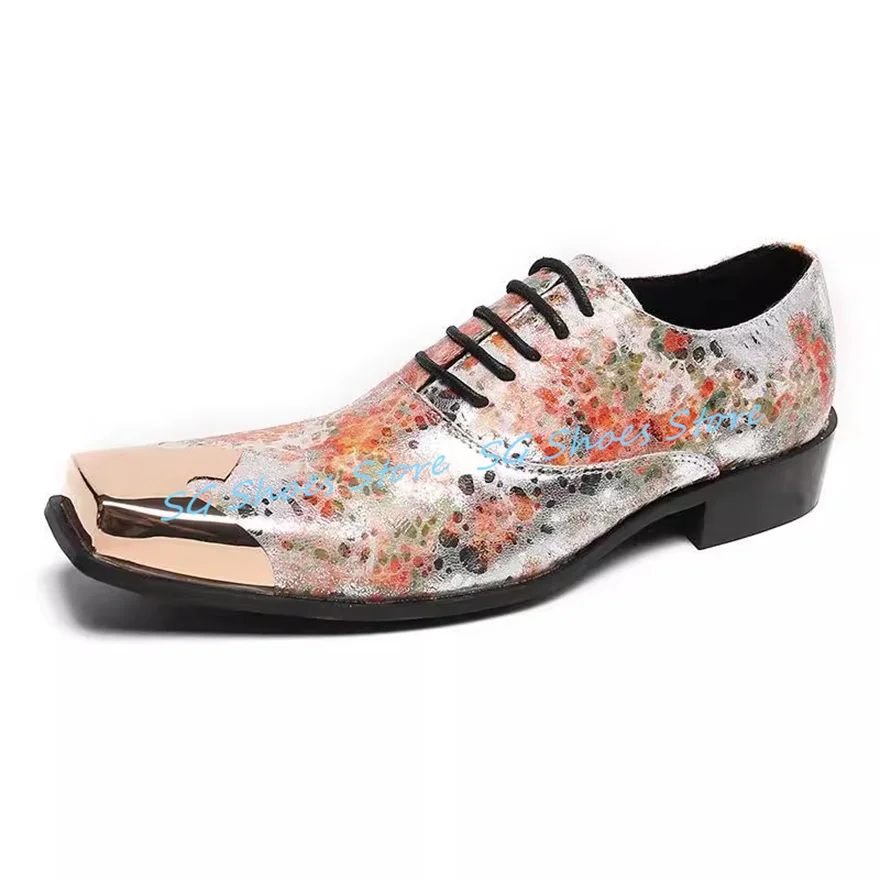 

British Style Mixed Color Prints Leather Loafers for Men Metal Square Toe Chunky Heel Lace-Up Oxfords Male Business Formal Shoes