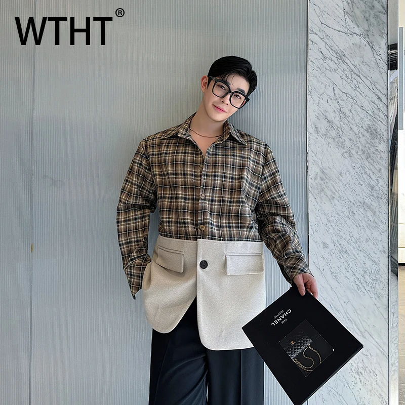 

WTHT модные мужские клетчатые свободные рубашки с карманами, модные топы с отложным воротником и длинными рукавами, мужские топы 2023, лето 2A0538