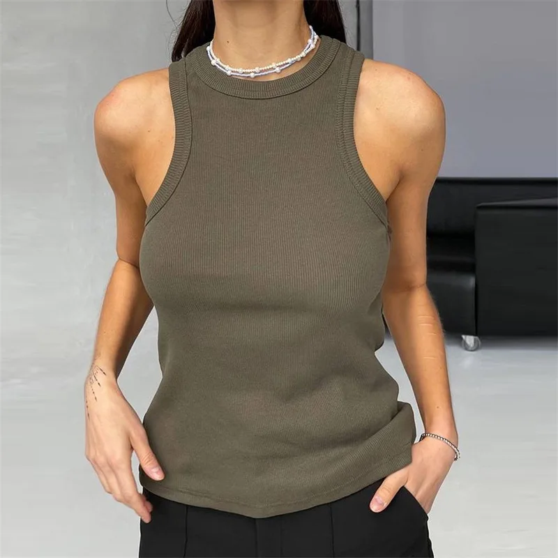 

Y2k Women Solid Round Sleeveless Camis Neck Ribbed Tank Top Camisole Women Summer Basic Elastic Tank Top Women Sexy Tank Top