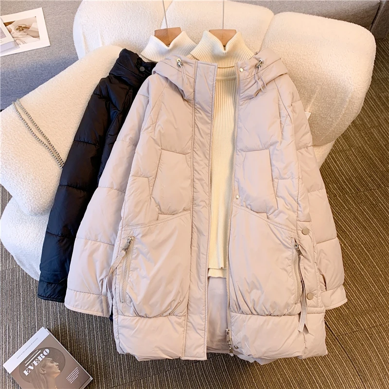 Fall Winter Women's Cotton Jackets Korean Style Long Solid Color Drawstring Fashion Loose Office Lady Hooded Overcoat