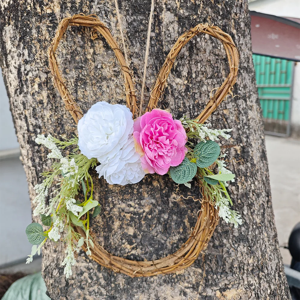 2024 Easter Bunny Flower Wreath Spring Summer Simulation Flower Wreath Festival Home Door Hanging Decoration Garland 32*22cm