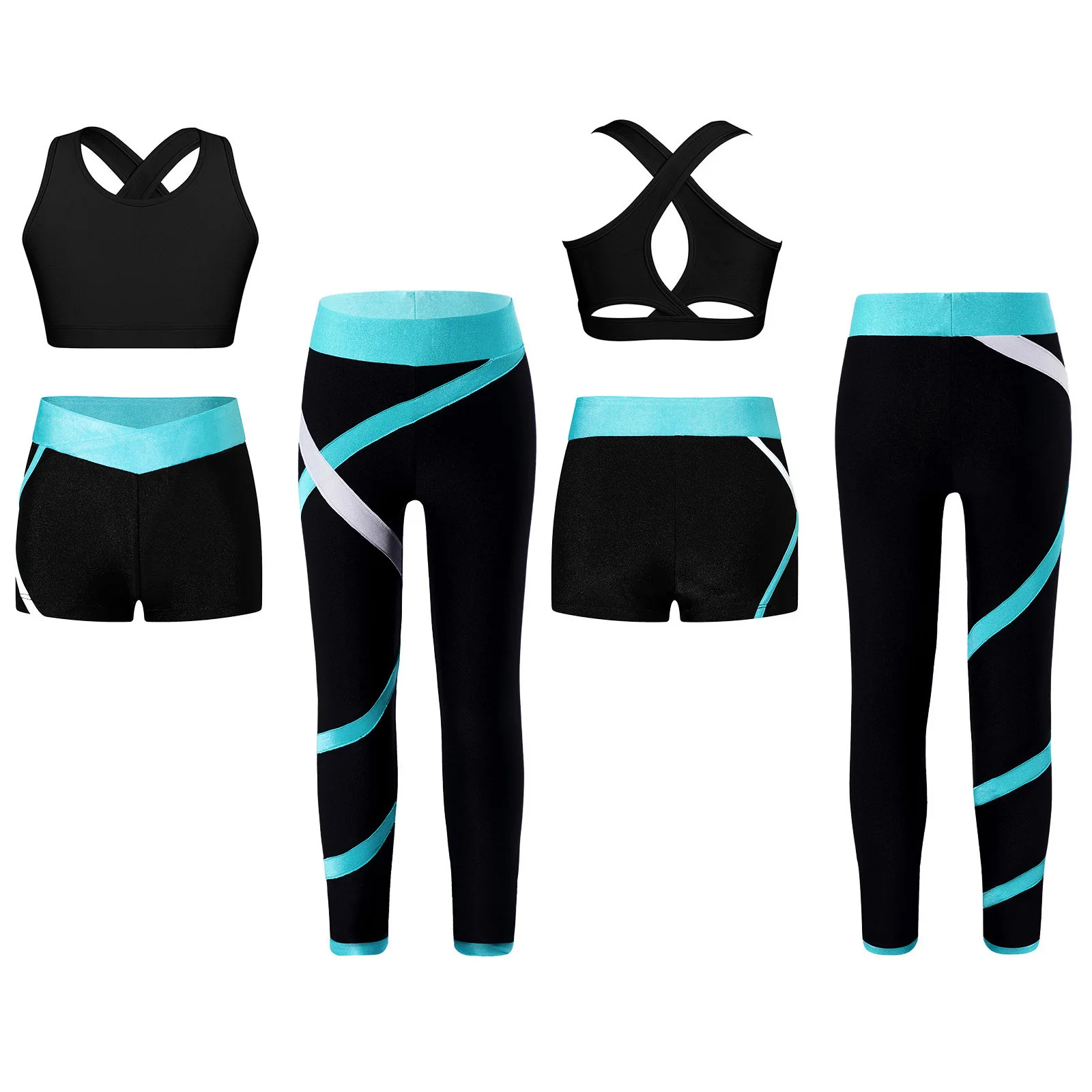 6-16 Kids Girls 3Pcs Sport Yoga Set Cross Back Keyhole Cropped Vest with Contrast Color Pants Shorts for Fitness Gym Jumpsuit