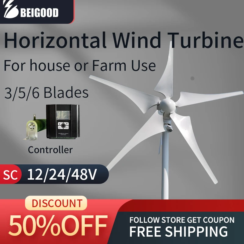 CE 2kW 3kW 4kW New Energy Horizontal Wind Turbine Generator Free MPPT Controller 12v 24v 48v 3 5 6 Blades Small Windmill