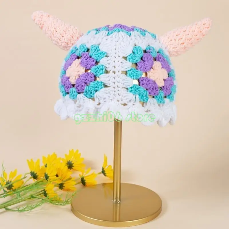 T5UF Sweet Girls Crochet Horn Decor Bucket Hat Ladies Fisherman Cap Floral Pattern Woman Teens Casual Sunproof Hat