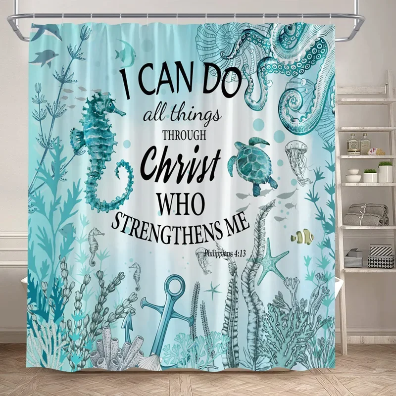 

Seahorse Sea Turtle Nautical Shower Curtains Ocean Animals Starfish Trust in the Lord Bath Curtain Polyester Home Bathroom XT6@！