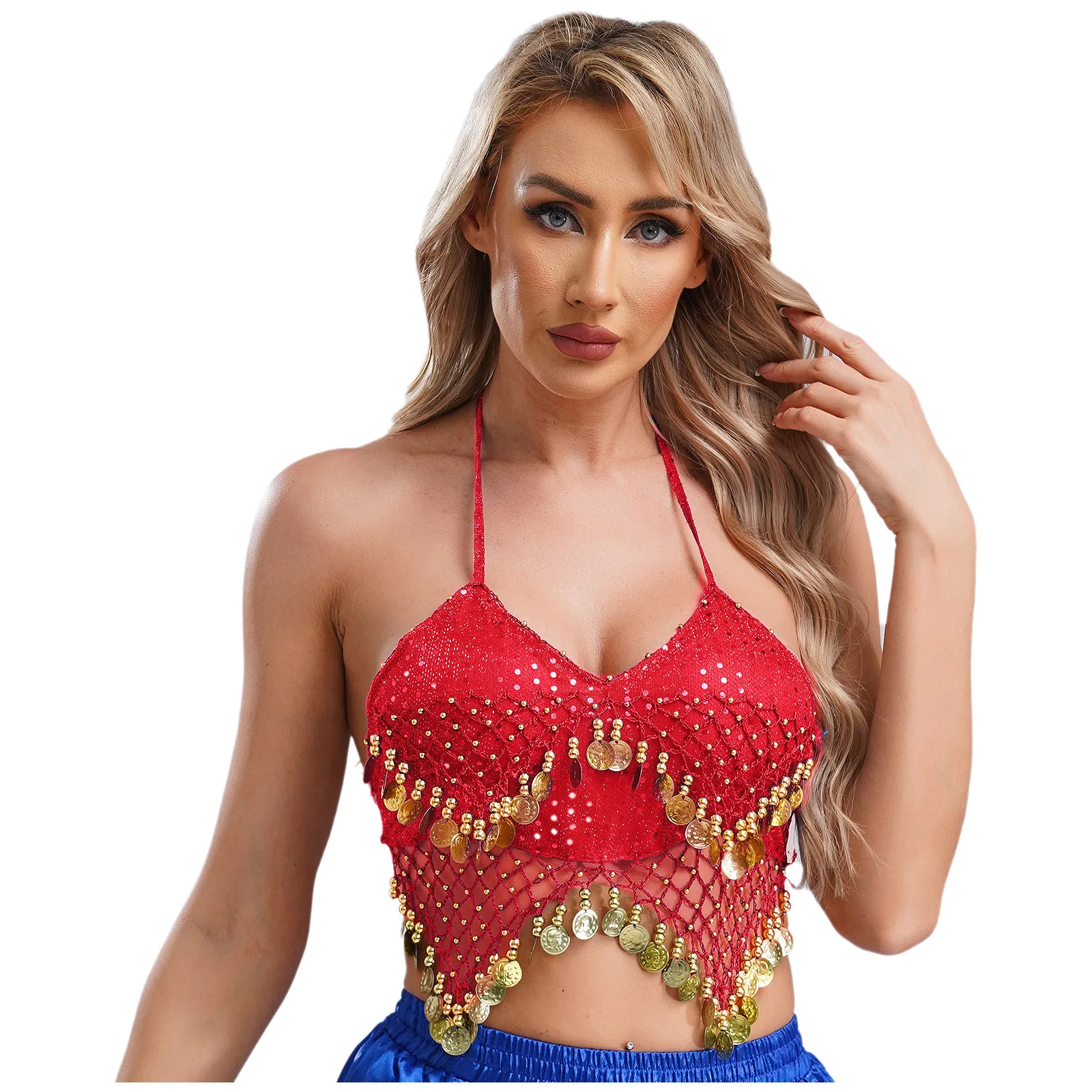 Womens Halter Bh Tops Pailletten Kralen Kwastje Lace-up Buikdans Crop Top Boho Festival Buikdans Prestaties Kostuum Danskleding