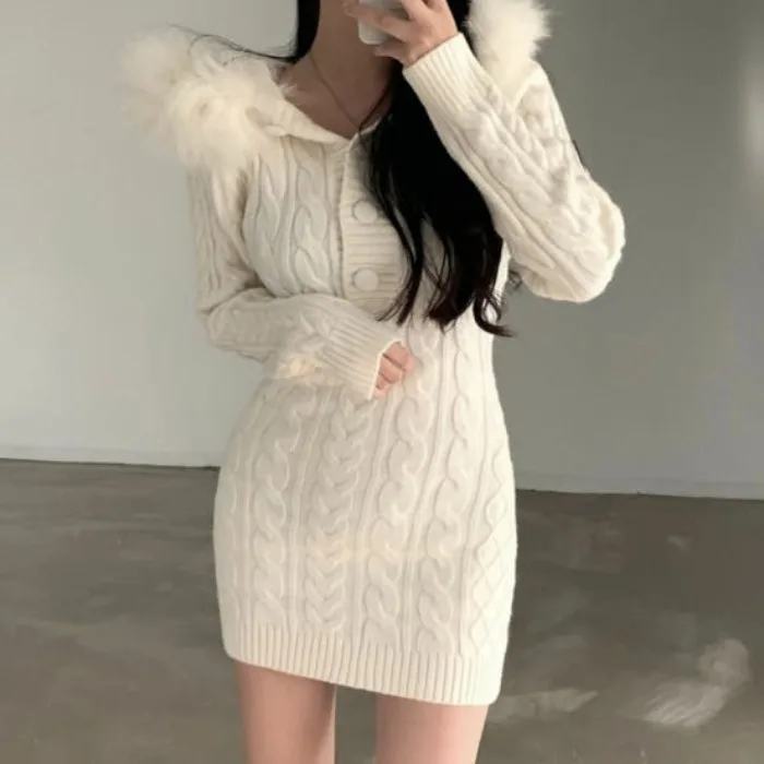 

Spring 2026 Korean Sle Pure Desire Slim Fit ort Wrap Dr with Fur Collar Twist Design Women's Thiened Long Sve Dr