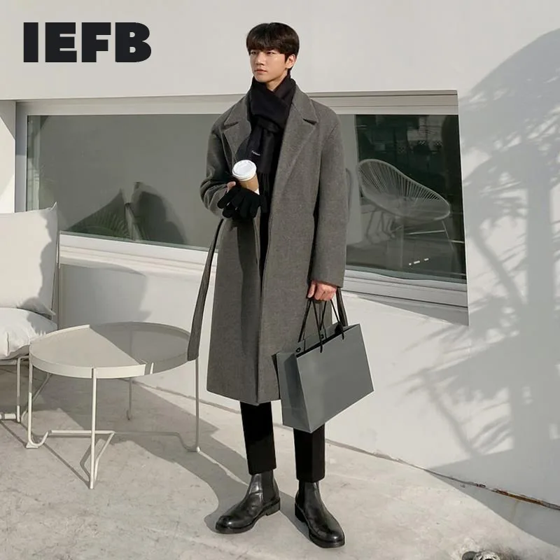 

IEFB Korean Winter Woolen Overcoat Men's Long Style Trend Handsome Over Knee Thickening Medium Length Grey Coat With Belt 9Y8465