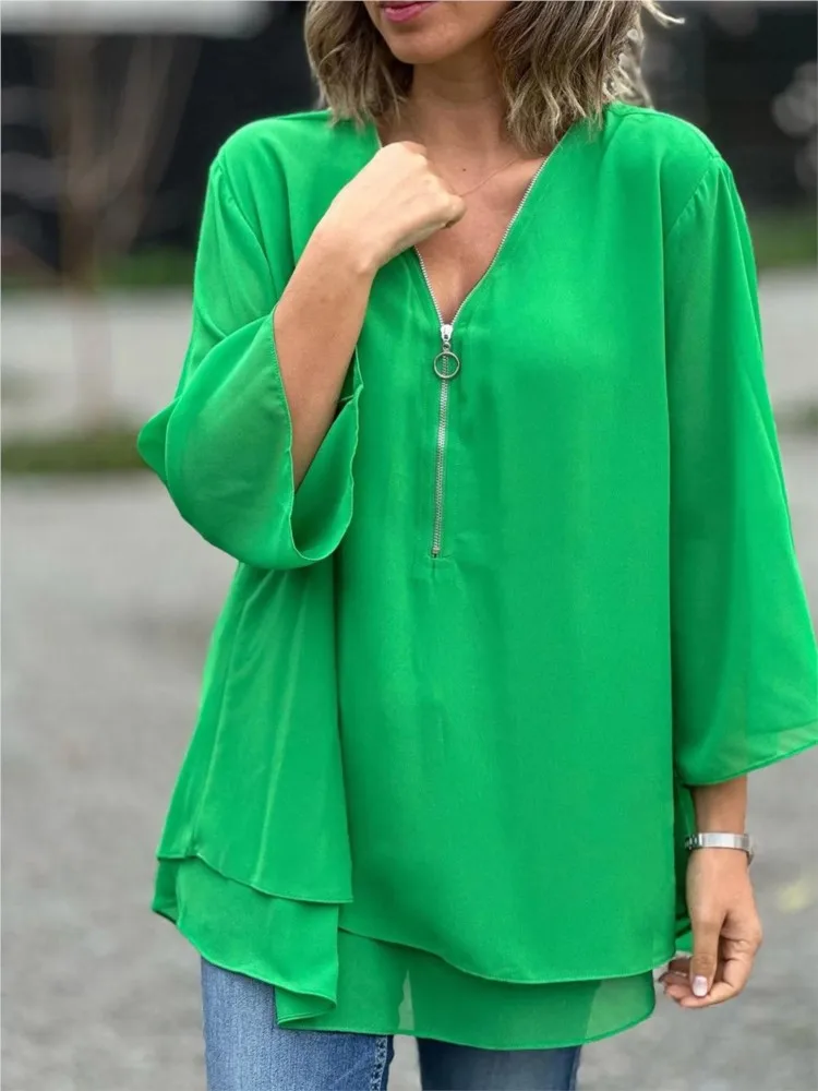 Autumn Casual Oversize Chiffon Women Tops Fashion Solid Color V-neck Zippers Three-quarter Sleeves Top Elegant Ladies Clothes