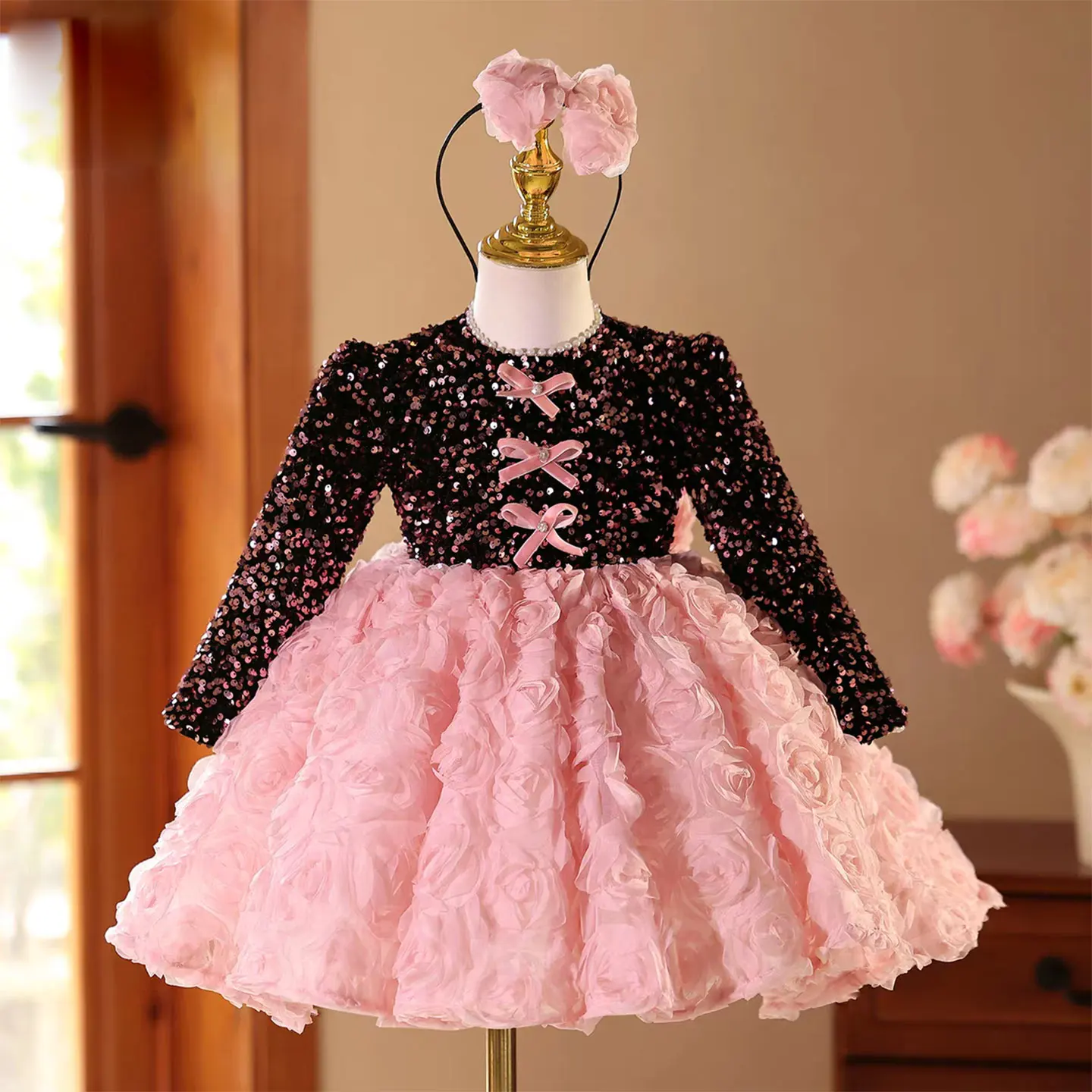

Jill Wish J831 Elegant Girl Dress Squined Long Sleeve Bow Knee Length for Children Wedding Birthday Party Pageant Ball Gown